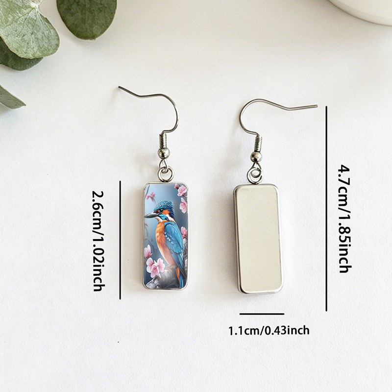 Kingfisher Pink Cherry Blossom Rectangular Glass Cabochon Dangle Earrings